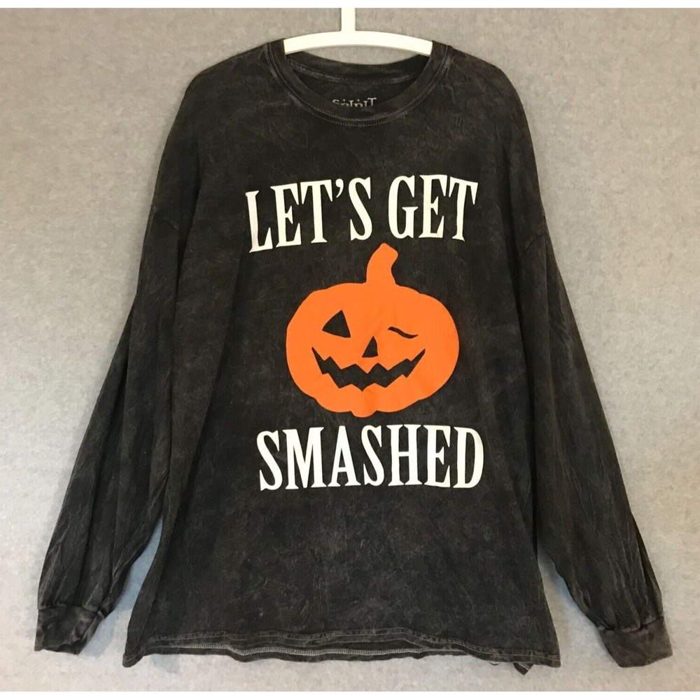 Spirit LET'S GET SMASHED Pumpkin T-Shirt Mens 2XL Acid Wash Black‎ Long Sleeve